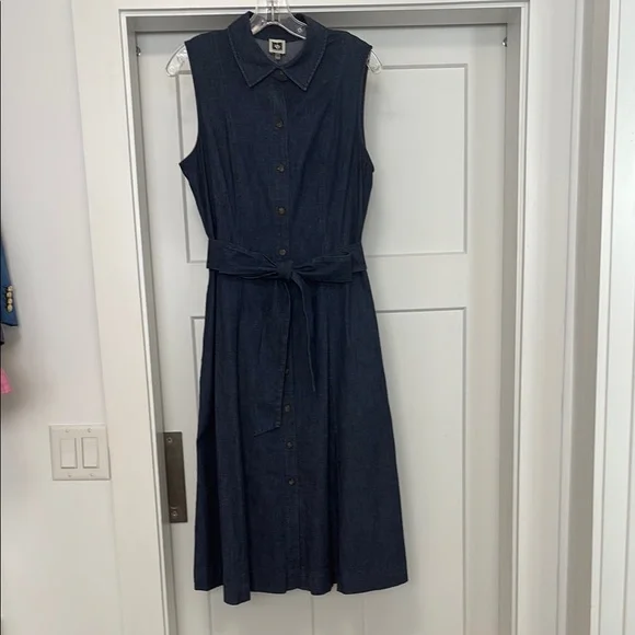 Sleeveless Denim Button-Front Tie-Waist Midi Dress - Blue - Picture 2 of 7